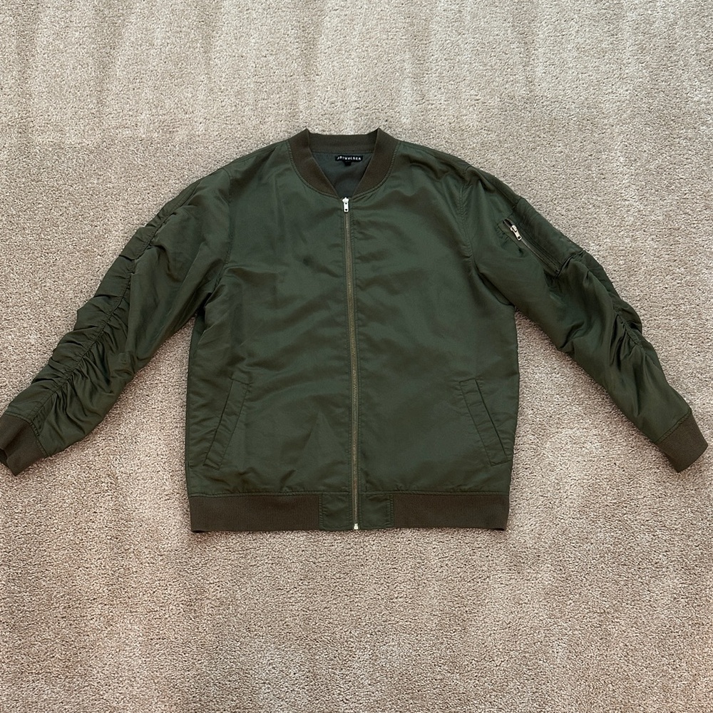 Men's Jay Walker Ruched Sleeve Nylon Olive Bomber Zip Up Jacket
